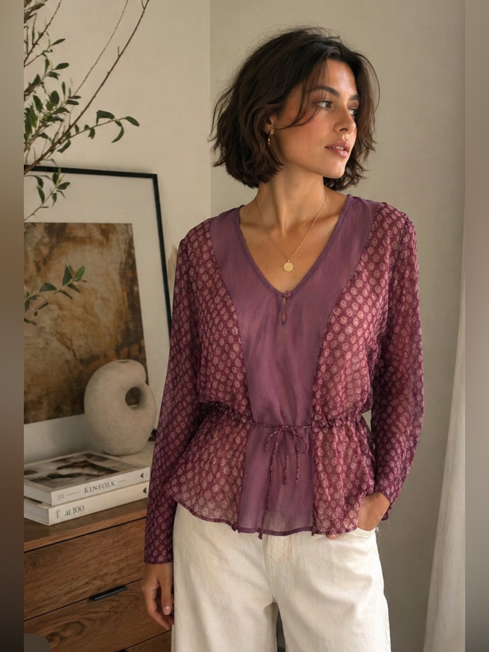 Free People Pink Long Sleeve Peplum Blouse